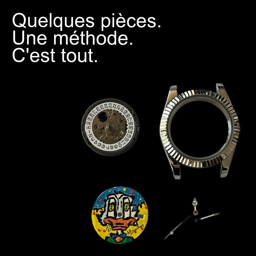 je veux créer une montre, voici les composants : mouvement, cadran, aiguille et boîtier